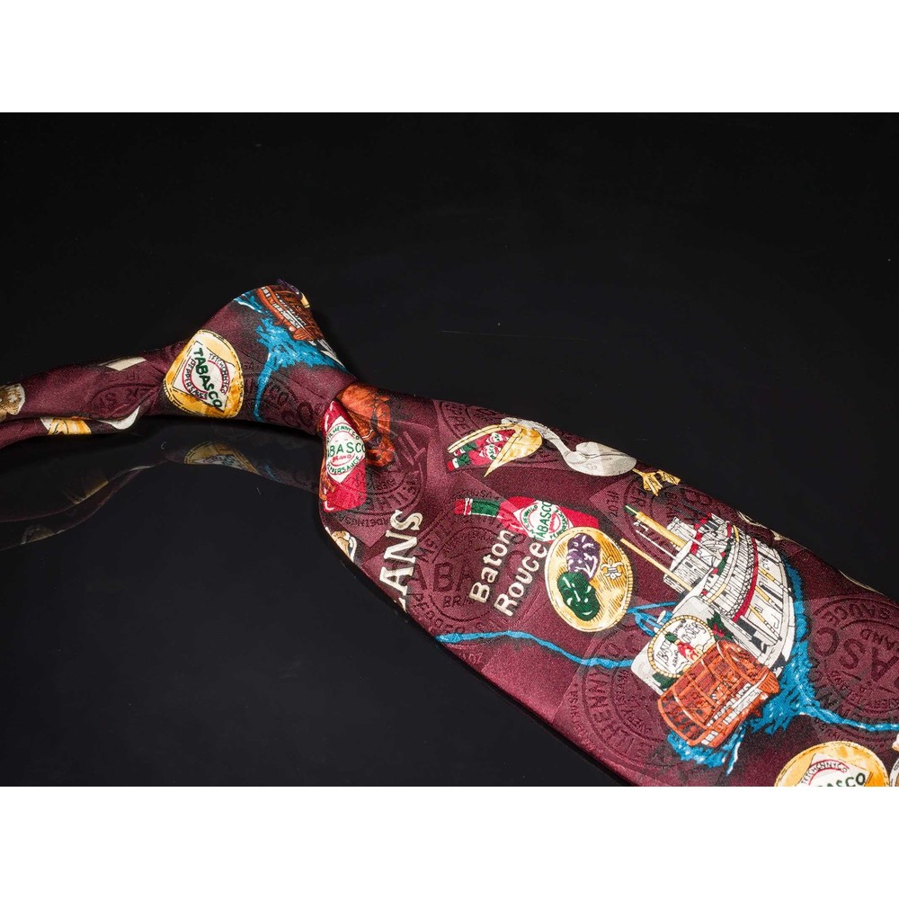 Tabasco 100% Silk Tie Burgundy Grey New Orleans Motif Mens Necktie Wide